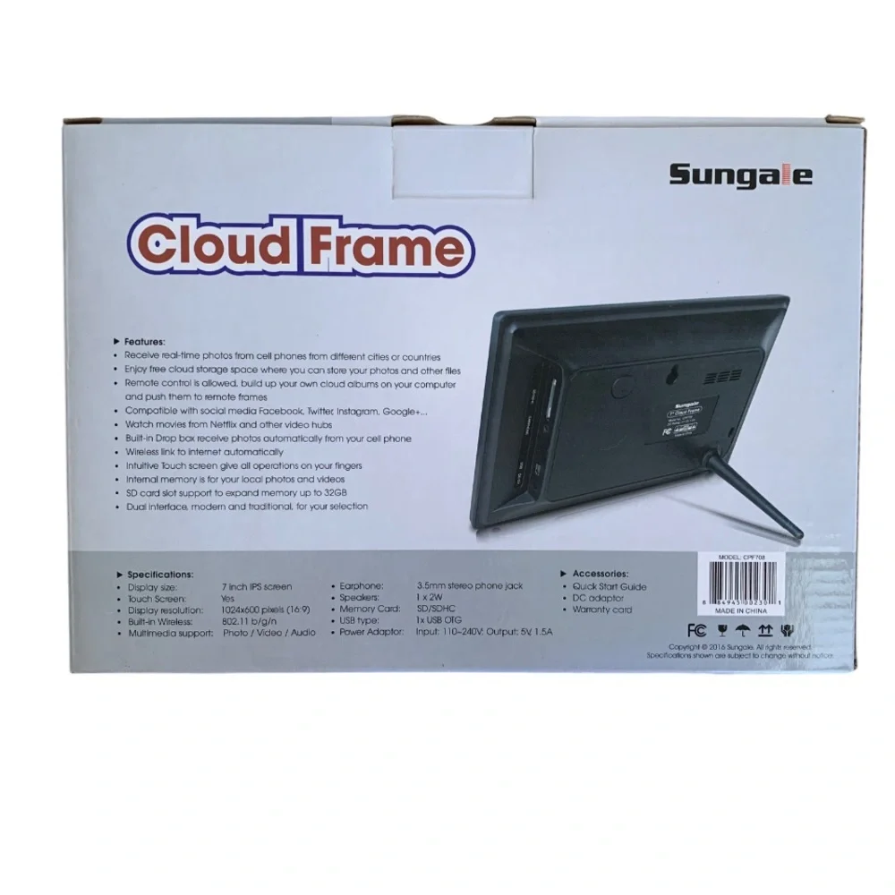 SUNGALE Cloud Digital Picture Frame 7″ IPS Touchscreen WiFi Multimedia NIB